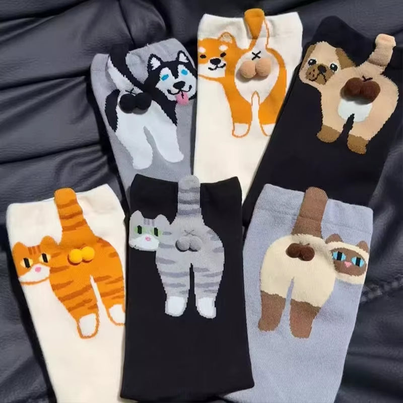 16 Style Funny 3D Cat Dog Animal Print Mid-Tube Socks Cotton Harajuku Floor Sock Casual Soft Cats Egg Hosiery for Couple Gifts
