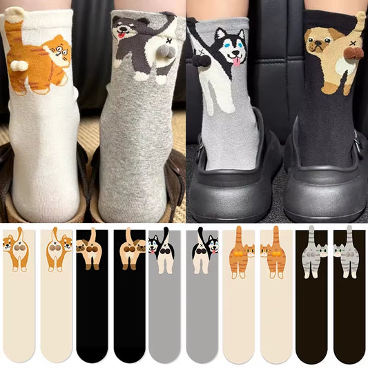 16 Style Funny 3D Cat Dog Animal Print Mid-Tube Socks Cotton Harajuku Floor Sock Casual Soft Cats Egg Hosiery for Couple Gifts